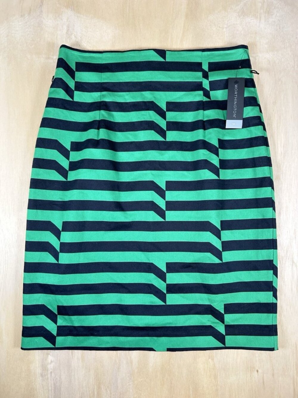 NWT Worthington Skirt SZ 10 Green Black Striped Unlined Knee Length Pencil Slit